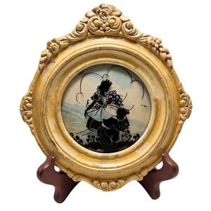 Vintage Reverse Glass Silhouette Boy Girl Convex Glass Chalkware Frame 7x6.25